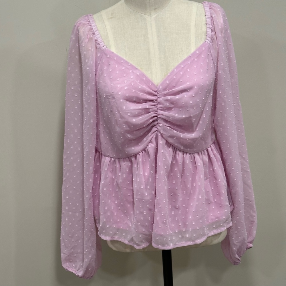JAPNA Swiss Dot Long Sleeve Smocked Back Peplum Style Lavender Top Size Large